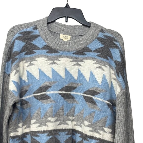 a.n.a. Women’s Nordic Pattern Crew Neck, Mixed Stitch sweater, Blue/Gray Sz. L - Picture 5 of 12